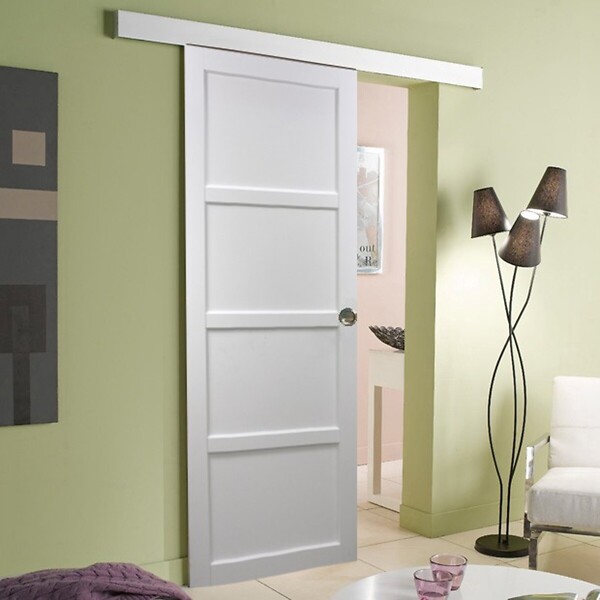 GD MENUISERIES - Porte Coulissante Tamera blanc 4 panneaux H204 x L83 cm, Rail Alu bandeau blanc, Coquilles - large