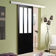 GD MENUISERIES - Porte Coulissante Atelier Noir vitre depoli H204 x L73 cm, Rail Alu Bandeau blanc, Coquilles - vignette
