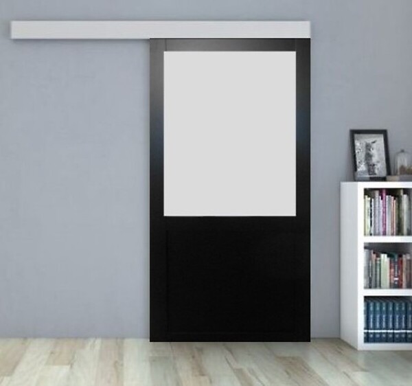 GD MENUISERIES - Porte Coulissante Athena Noir H204 x L83 cm, Rail Alu Bandeau blanc, Coquilles - large