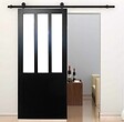 GD MENUISERIES - Porte Coulissante Atelier Noir vitre depoli H204 x L73 cm, Rail Roulettes, Coquilles - vignette