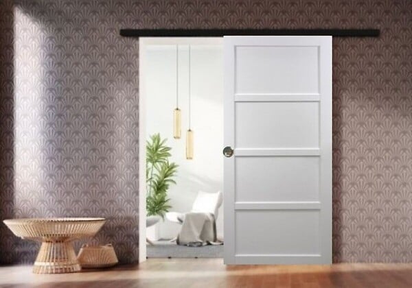 GD MENUISERIES - Porte Coulissante Tamera blanc 4 panneaux H204 x L93 cm, Rail Alu bandeau noir, Coquilles - large