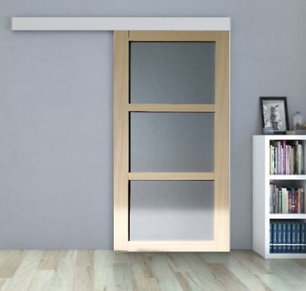 GD MENUISERIES - Porte Coulissante Ayous 3 Panneaux Gris Clair H204 x L73 cm, Rail alu Bandeau Blanc, Coquilles - large