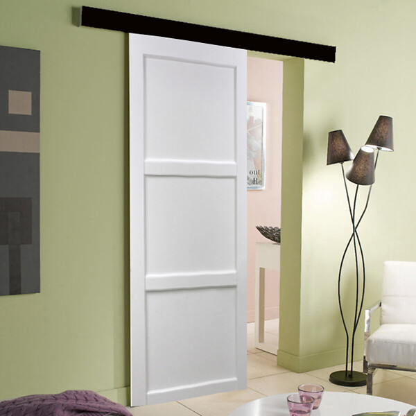 GD MENUISERIES - Porte Coulissante Korya Blanc 3 panneaux H204 x L73 cm, Rail Alu bandeau noir, Coquilles - large