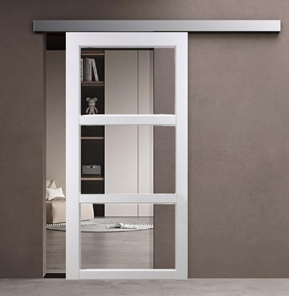 GD MENUISERIES - Porte Coulissante Kenya Blanc Vitrage transparent H204 x L73 cm, Rail Alu bandeau blanc, Coquilles - large