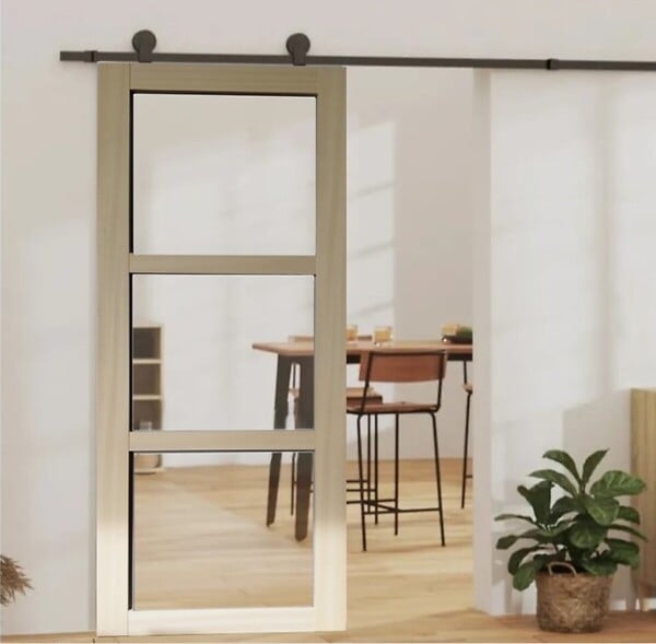 GD MENUISERIES - Porte Coulissante bois Ayous Vitrage transparent H204 x L83 cm, Rail roulettes, Coquilles - large