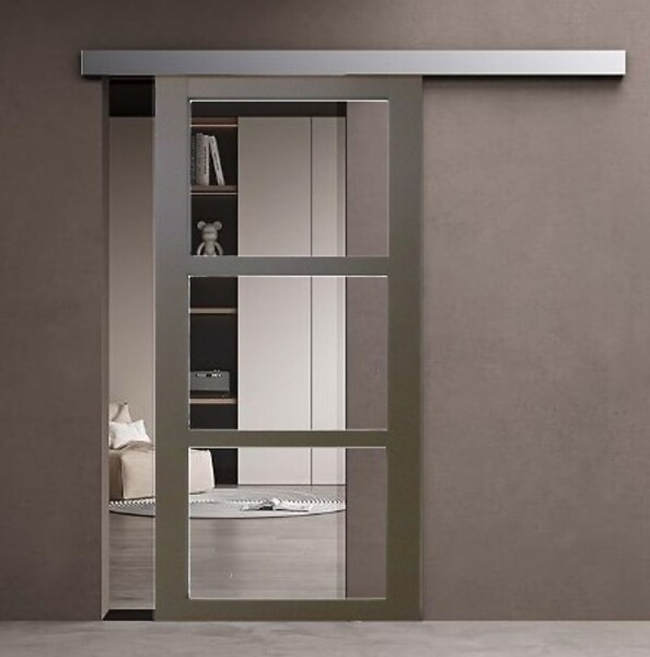 GD MENUISERIES - Porte Coulissante Gris Taupe RAL 7006 Vitrage transparent H204 x L83 cm, Rail Alu Blanc, Coquilles - large