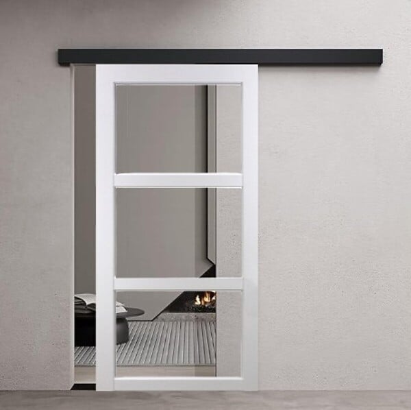 GD MENUISERIES - Porte Coulissante Kenya Blanc Vitrage transparent H204 x L73 cm, Rail Alu bandeau noir, Coquilles - large