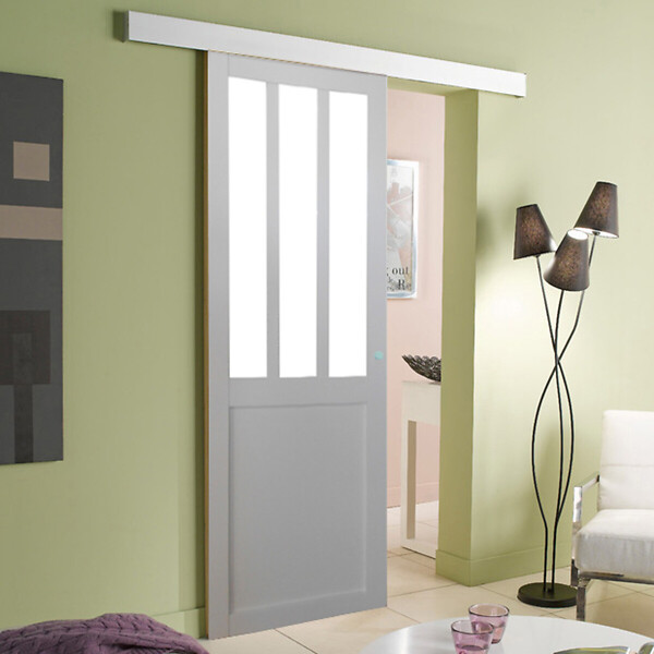 GD MENUISERIES - Porte Coulissante Atelier Blanc vitre depoli H204 x L83 cm, Rail Alu, Coquilles - large