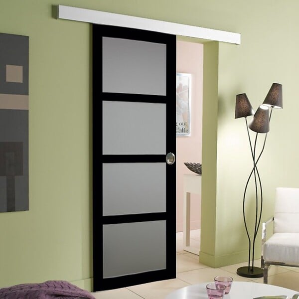 GD MENUISERIES - Porte Coulissante Telia Noir Vitrée H204 x L73 cm, Rail Alu, Coquilles - large