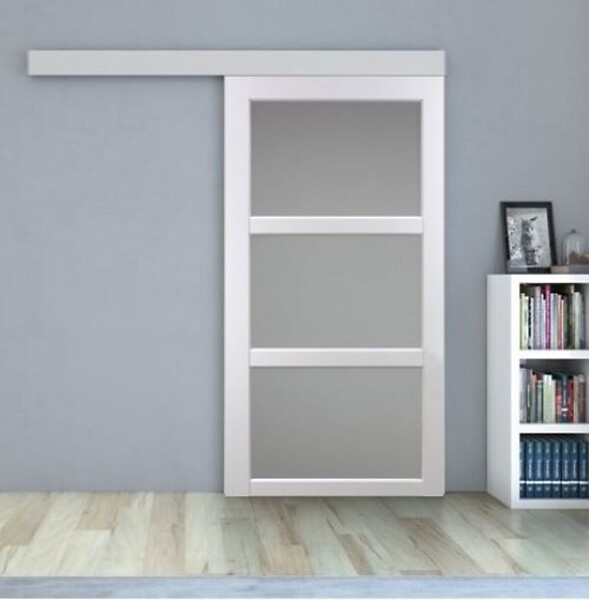 GD MENUISERIES - Porte Coulissante Kenya Blanc Vitrée H204 x L83 cm, Rail Alu Bandeau Blanc, Coquilles - large