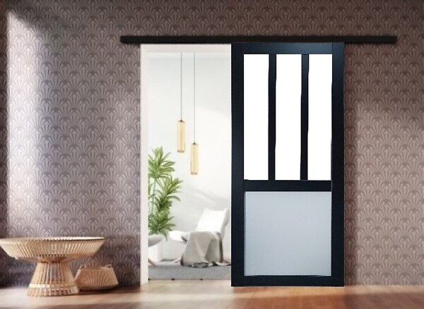 GD MENUISERIES - Porte Coulissante Atelier noir, blanc Vitrée H204 x L83 cm, Rail Alu Bandeau Noir, Coquilles - large