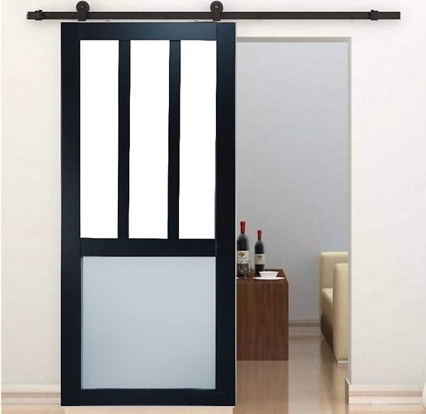 GD MENUISERIES - Porte Coulissante Atelier noir, blanc Vitrée H204 x L83 cm, Rail Roulettes, Coquilles - large