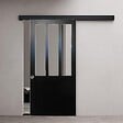 GD MENUISERIES - Porte Coulissante Atelier Noir H204 x L73 cm, Rail alu Bandeau Noir, Coquilles - vignette