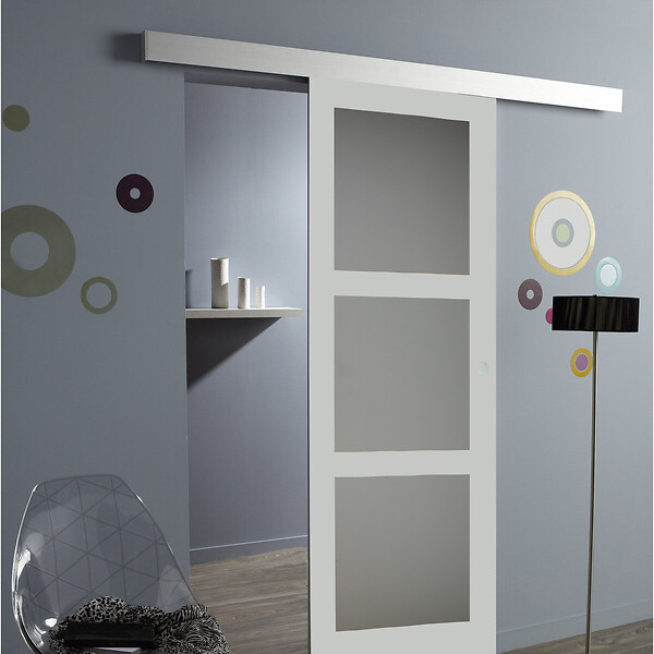 GD MENUISERIES - Porte Coulissante Greyria Gris Clair Vitrée H204 x L83 cm, Rail Alu, Coquilles - large