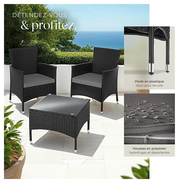 TECTAKE - Salon de jardin LUCERNE 2 places avec 2 sets de housses noir - large