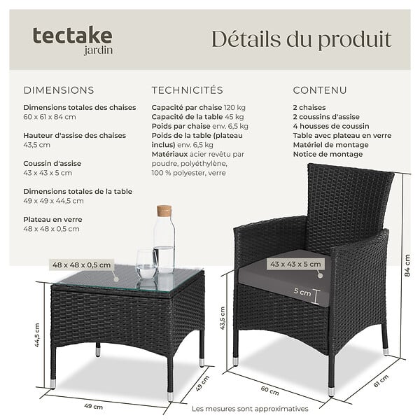 TECTAKE - Salon de jardin LUCERNE 2 places avec 2 sets de housses noir - large