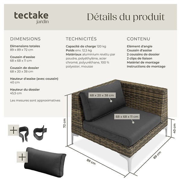 TECTAKE - Ensemble de tables modulaires Villanova en aluminium, coin gauche gris anthracite chiné - large
