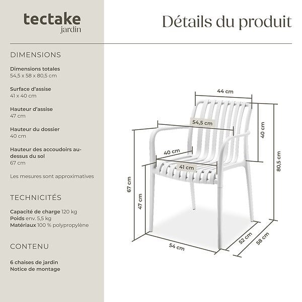 TECTAKE - Chaises de jardin ALCUDIA empilables et résistantes aux intempéries crème - large