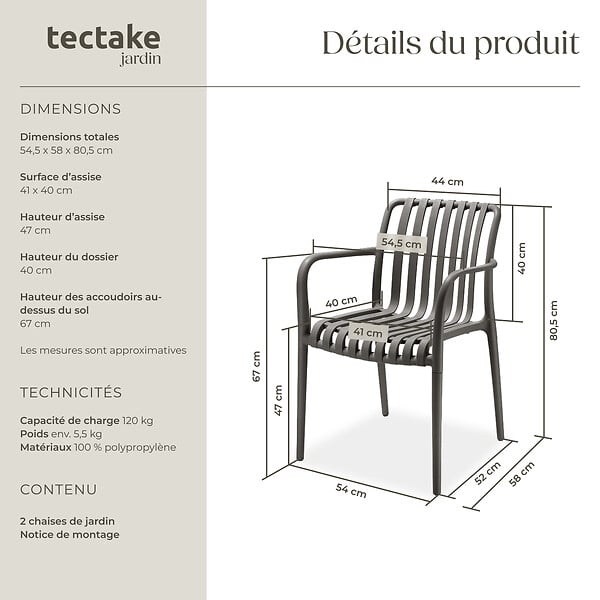 TECTAKE - Chaises de jardin ALCUDIA empilables et résistantes aux intempéries gris anthracite - large