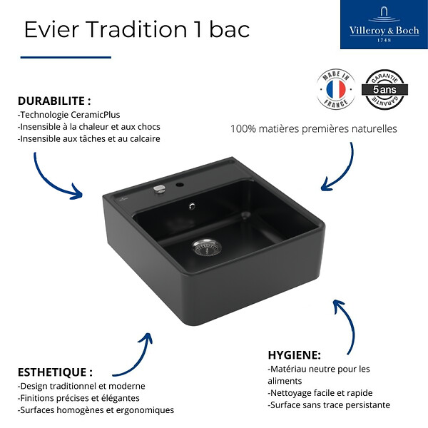 VILLEROY ET BOCH - Evier timbre office 1 bac Villeroy et Boch Tradition Pure Black avec vidage automatique - large