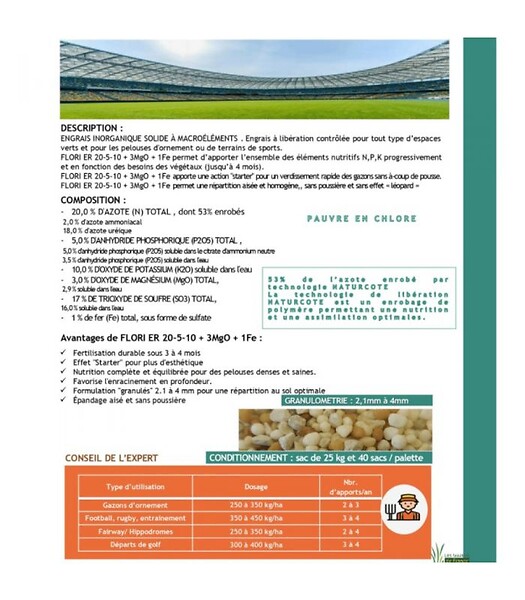 FLORIVERT - Engrais starter Flori ER 20-5-10   3 MgO   1 Fe (3/4) 25kg, idéal relance printemps - Florivert NEG01810 - large