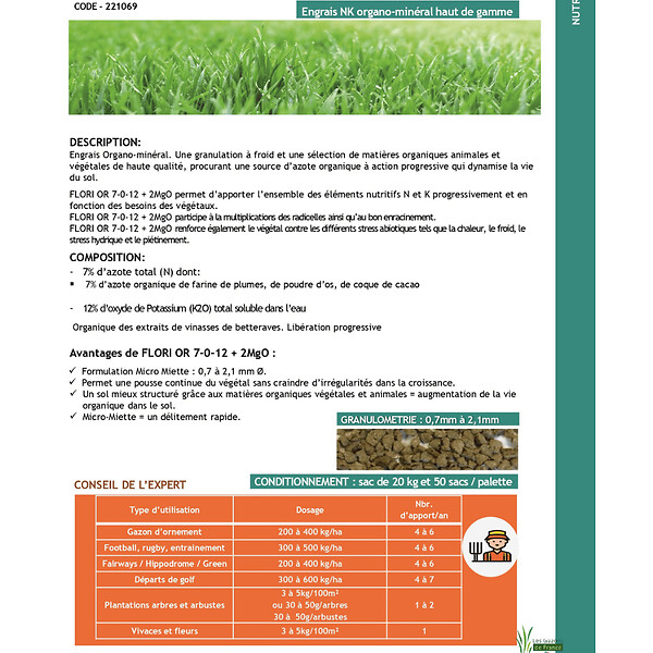 FLORIVERT - Engrais progressif Flori Or 7-0-12   2MgO   ABM 25 kg renforce le gazon et les végétaux - Florivert NEG00977 - large