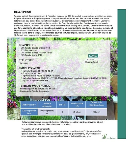 FLORIVERT - Terreau complet prêt à l'emploi Flori Fleurissement PAE 70L, idéal pour pots et balcon - Florivert NEG01617 - large