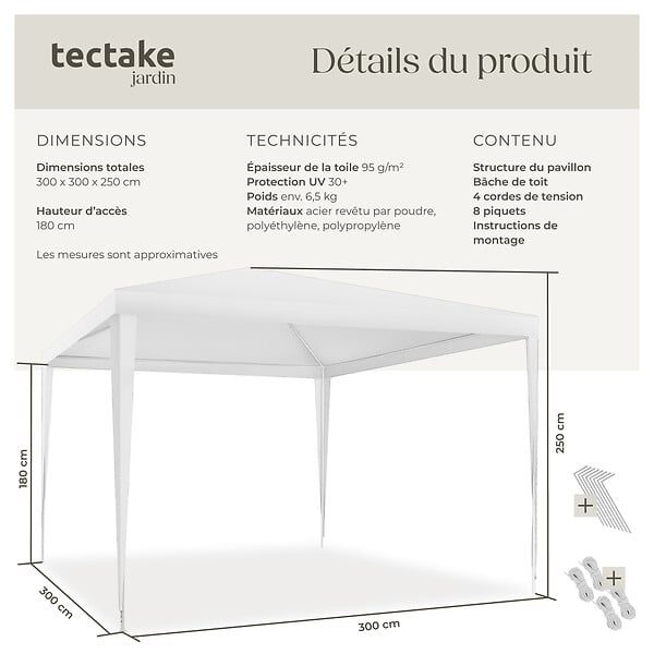 TECTAKE - Pavillon FARAH imperméable avec système enfichable 3x3m blanc - large