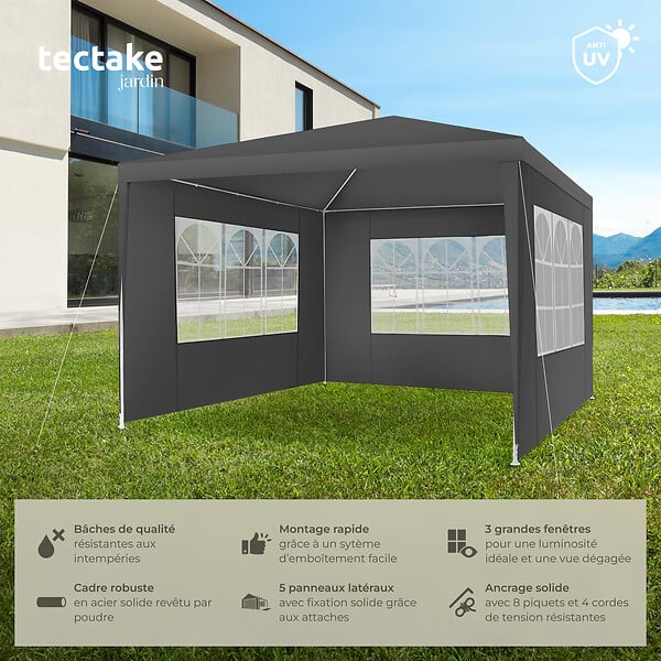 TECTAKE - Pavillon imperméable BARINAS avec 3 parois latérales gris - large