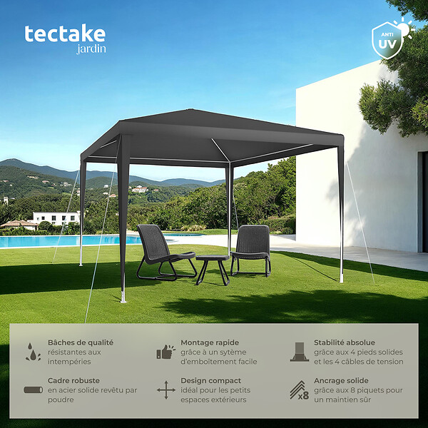 TECTAKE - Pavillon FARAH imperméable avec système enfichable 3x3m gris - large