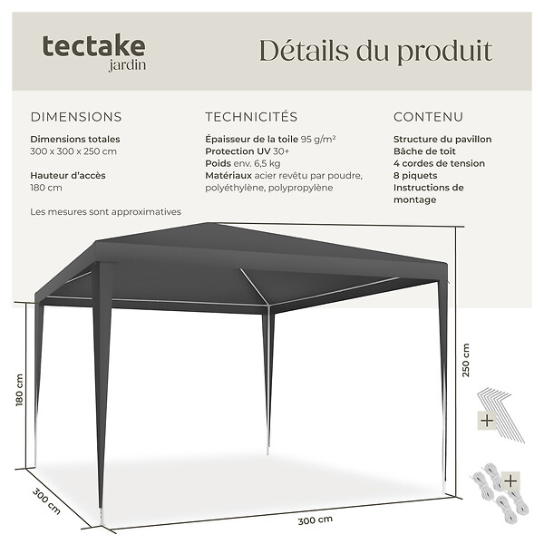 TECTAKE - Pavillon FARAH imperméable avec système enfichable 3x3m gris - large