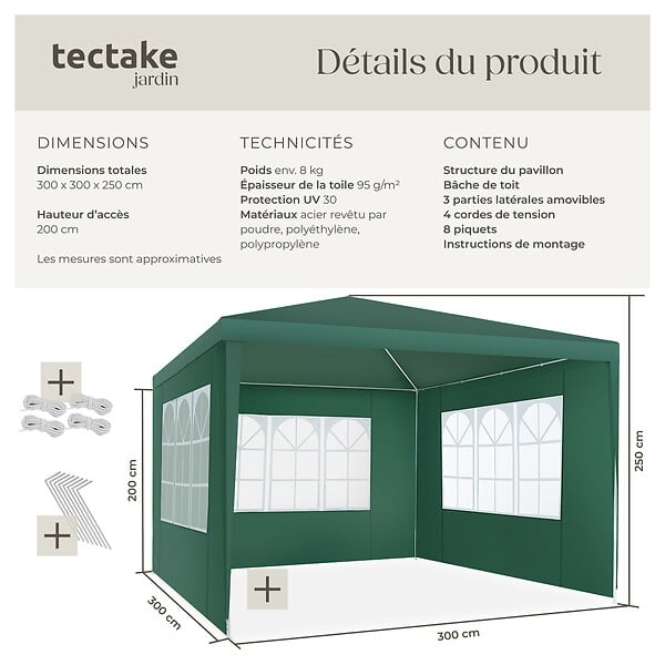 TECTAKE - Pavillon imperméable BARINAS avec 3 parois latérales vert - large