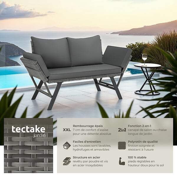 TECTAKE - Canapé lounge en rotin SINTRA 2-en-1 gris - large