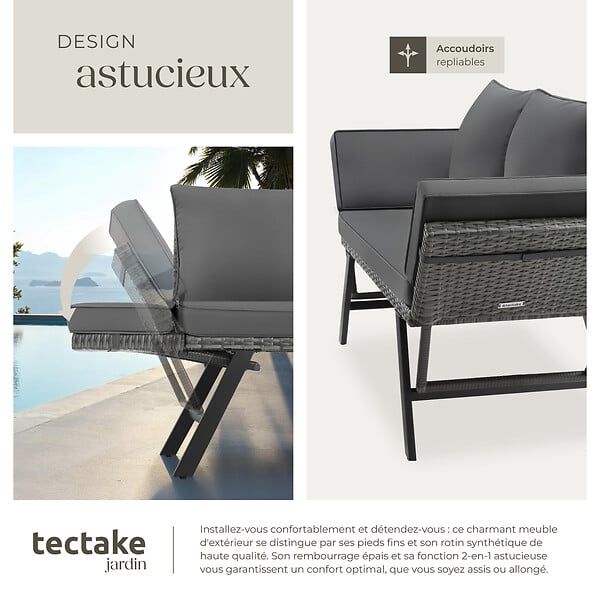 TECTAKE - Canapé lounge en rotin SINTRA 2-en-1 gris - large