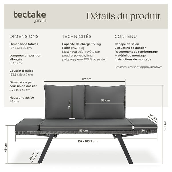 TECTAKE - Canapé lounge en rotin SINTRA 2-en-1 gris - large