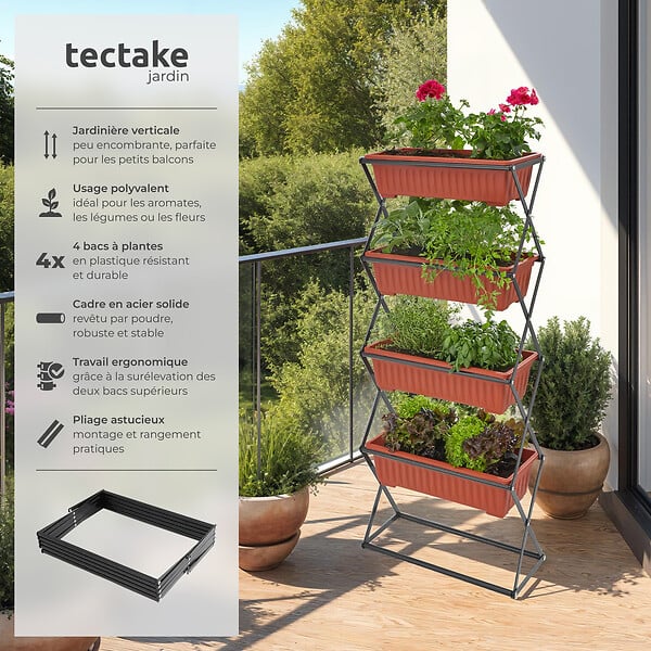 TECTAKE - Jardinière verticale avec 4 bacs à fleurs 52 x 21 x 127 cm marron - large