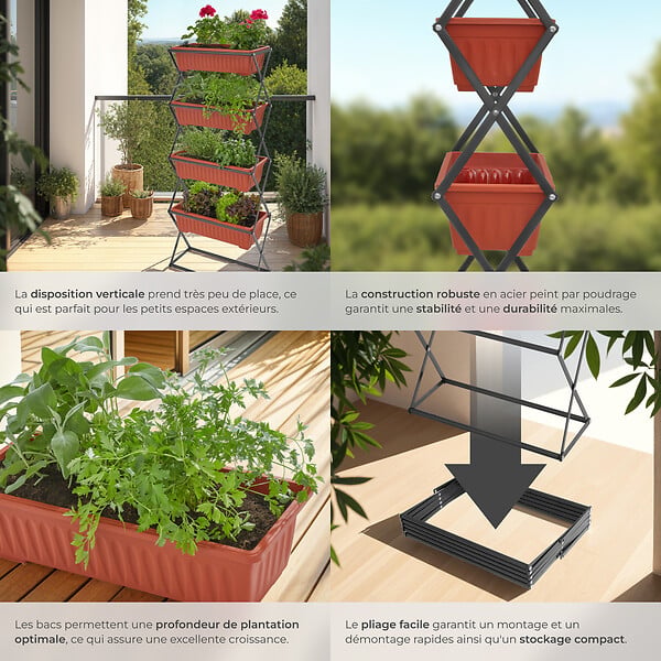TECTAKE - Jardinière verticale avec 4 bacs à fleurs 52 x 21 x 127 cm marron - large