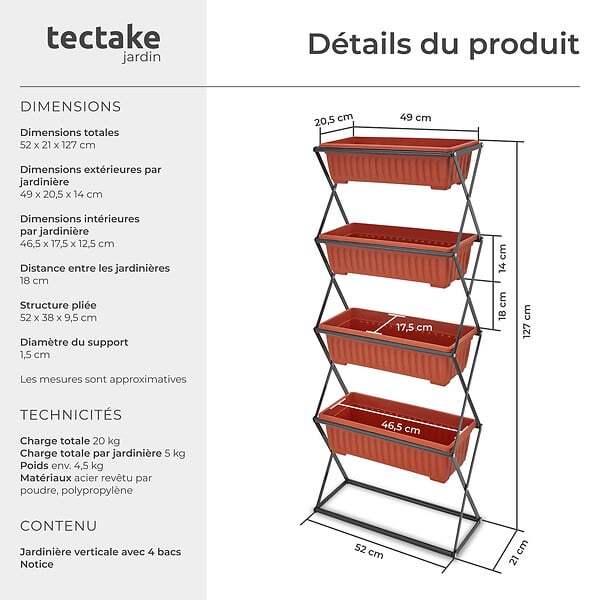 TECTAKE - Jardinière verticale avec 4 bacs à fleurs 52 x 21 x 127 cm marron - large