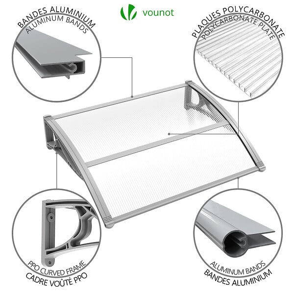 VOUNOT - Auvent de porte marquise 120x80 cm transparent en Polycarbonate anti UV Gris - large