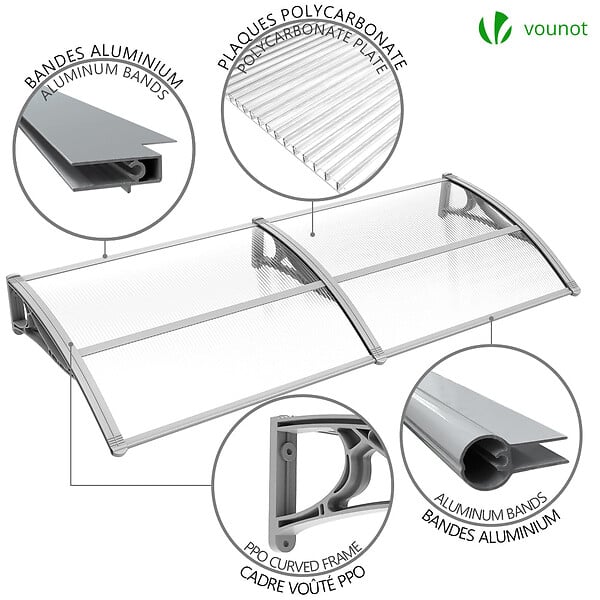 VOUNOT - Auvent de porte marquise 200x80 cm transparent en Polycarbonate anti UV Gris - large