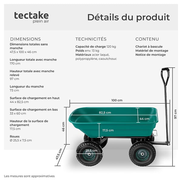 TECTAKE - Chariot de jardin à main Cubbi 52L capacité de charge 120kg vert - large