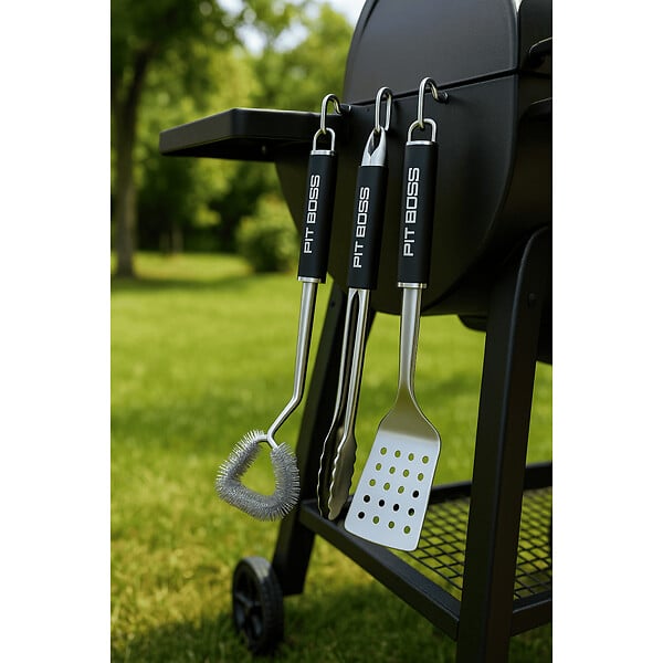PIT BOSS - Kit 3 Ustensiles Barbecue : Spatule, Pince, Brosse - Inox Haute Résistance & Poignées Antidérapantes PIT BOSS - large