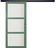 GD MENUISERIES - Porte Coulissante Vert Sauge RAL 6021 Vitrée H204 x L73 cm, Rail Alu Bandeau Noir, coquilles - vignette