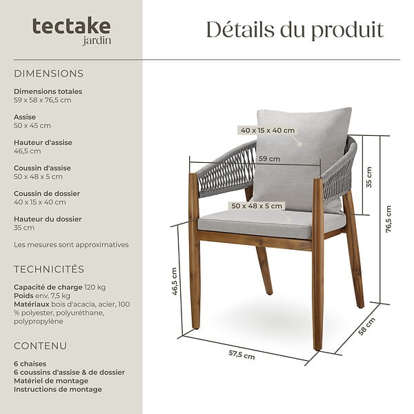 TECTAKE - 6 Places chaise de jardin 59 x 58 x 76,5 cm bois d'acacia massif résistante aux intempéries rope design grège avec coussins amovibles - large