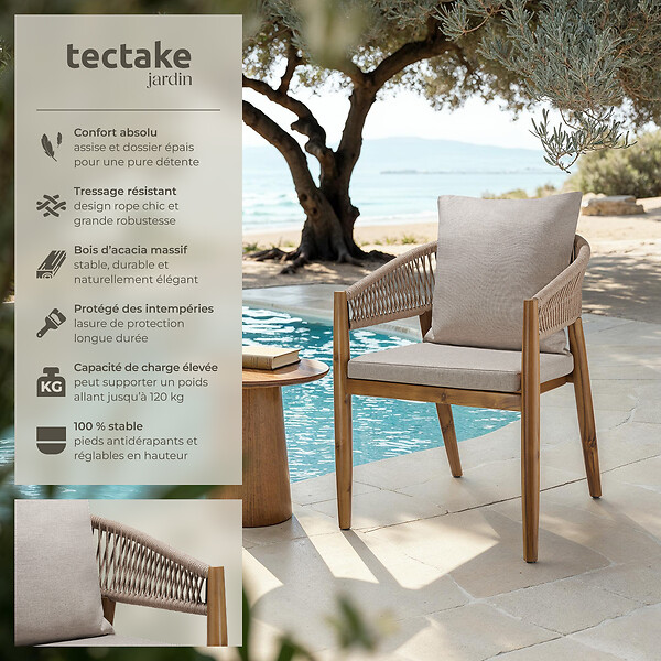 TECTAKE - Chaise de jardin MANACOR au design corde sable - large