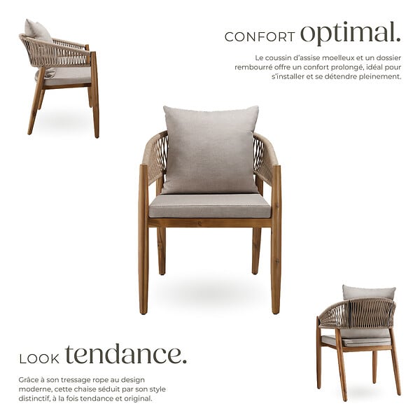TECTAKE - Chaise de jardin MANACOR au design corde sable - large