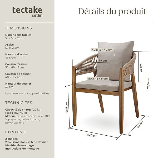 TECTAKE - Chaise de jardin MANACOR au design corde sable - large