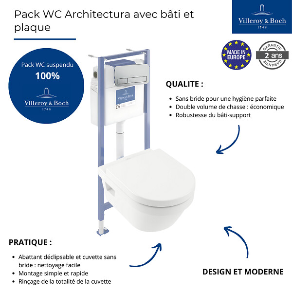 VILLEROY ET BOCH - Pack WC sans bride  Architectura abattant + bâti-support sol et mur + plaque chromée mat  + Tabouret bois - large