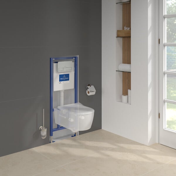 VILLEROY ET BOCH - Pack WC sans bride  Avento + Bâti support + abattant frein de chute + plaque chromée mat  + Tabouret blanc - large