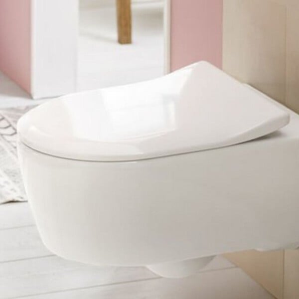 VILLEROY ET BOCH - Pack WC sans bride  Avento + Bâti support + abattant frein de chute + plaque noir mat  + Tabouret bois - large